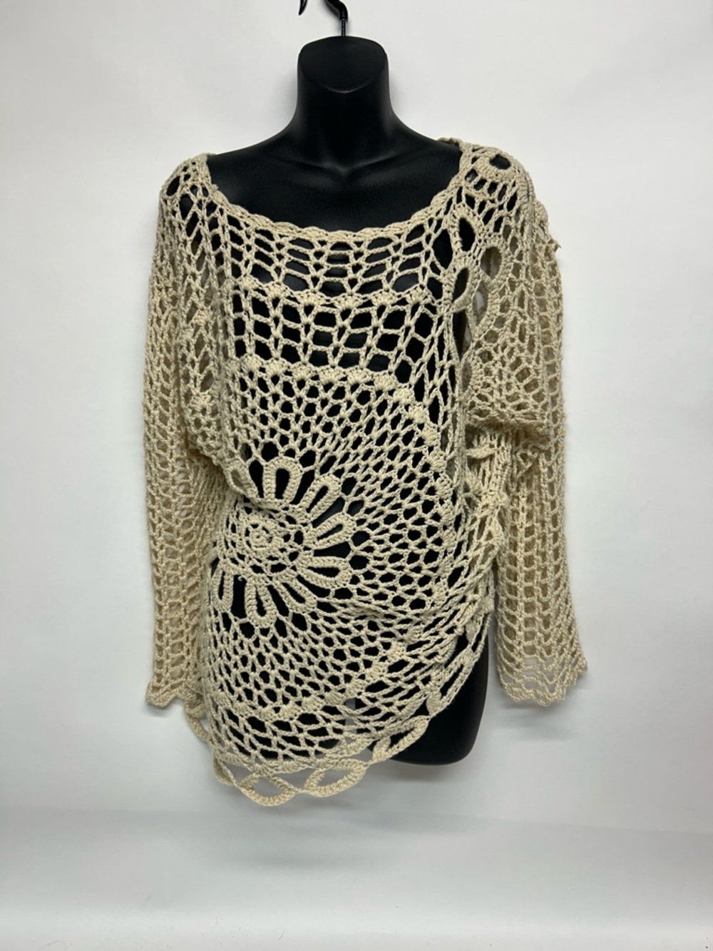 Cream Crochet Sweater symmetrical Boho festival knit top size medium
